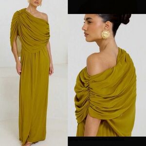 Green Draped Asymmetrical Shoulder Maxi Gown Evening Mesh Floor-Length Dress